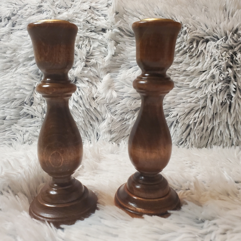 Vintage Wooden Candlestick Holders Set of 2 Brown
